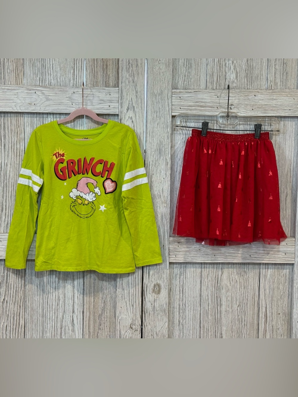 The Grinch Kids' Long-Sleeve Tee in Lime Green & Red Tule Skirt Sz 7/8